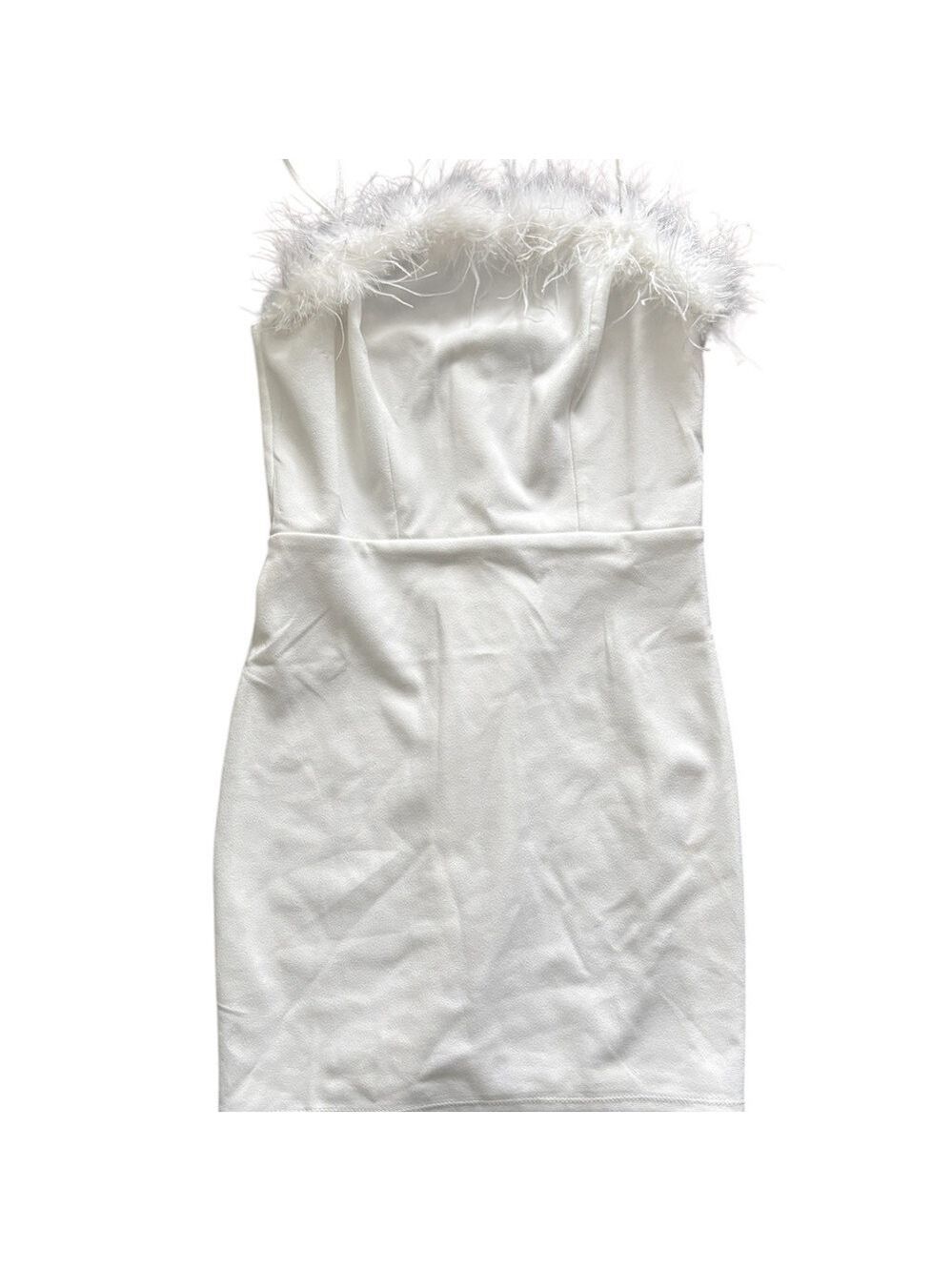 White Strapless Dress Feather Trim Small